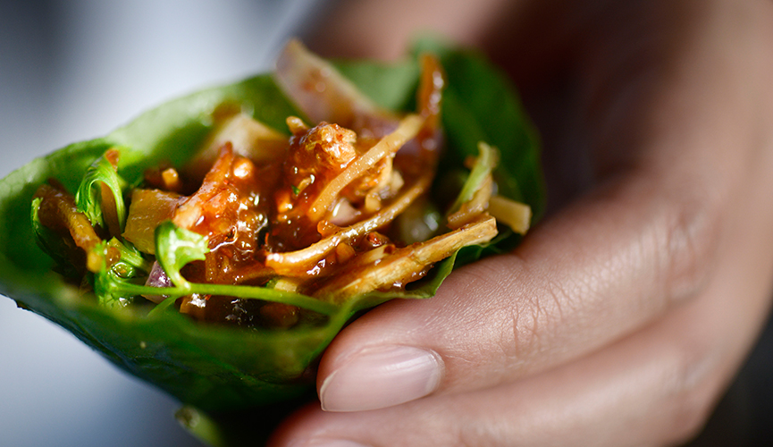 Long Chim Dried Prawns and Toasted Coconut served in Betel Leaf