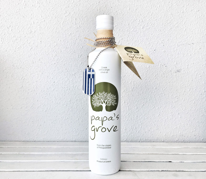 The pristine packaging of Greek Extra Virgin Olive OIl. Photo Credit: Papa's Grove