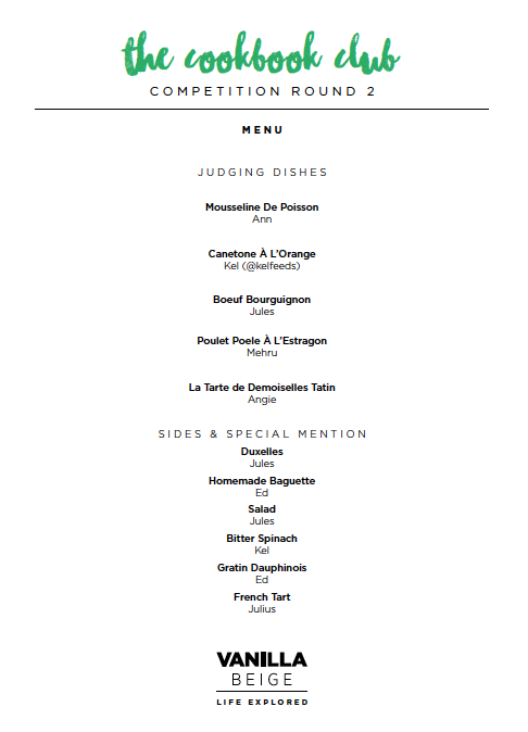 Cookbook Club Competiton Round 2 Menu