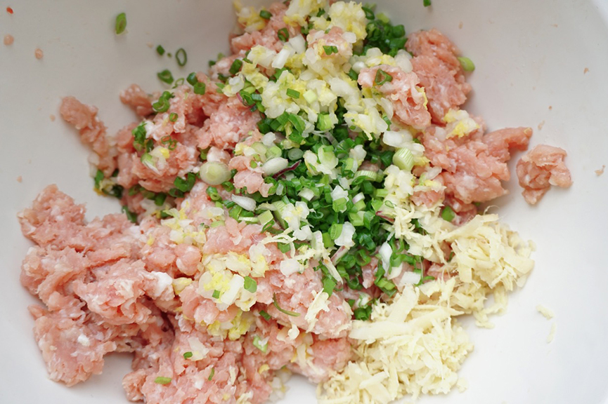 Pork filling, before mixing. Image by Winnie C.