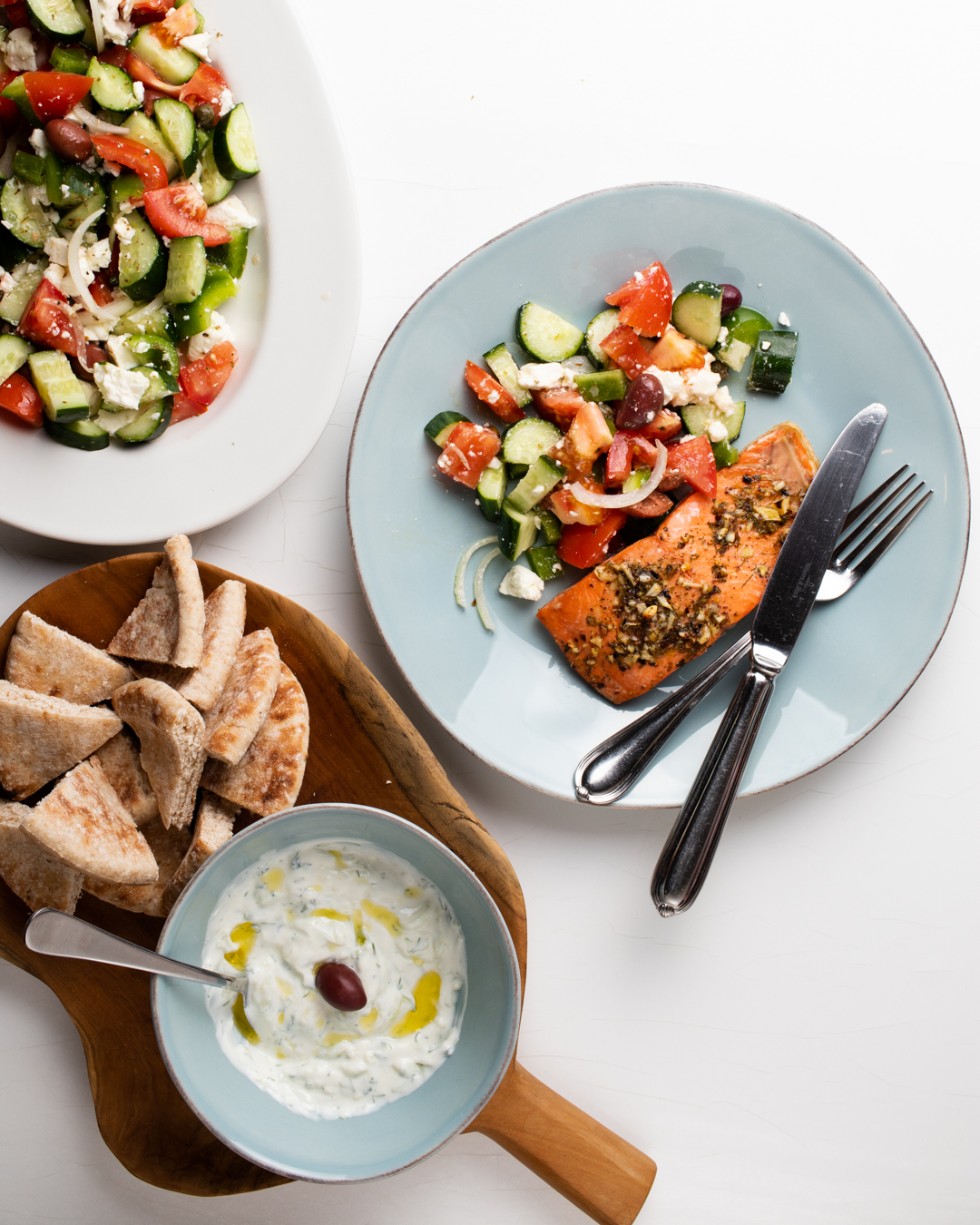 Baked Salmon and Tzatziki with Greek Salad