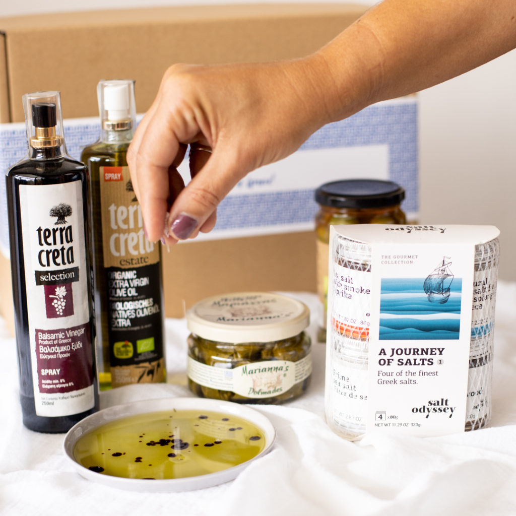 Agora Products Singapore Gift Box with olives, dolmades, salt, EVOO and balsamic