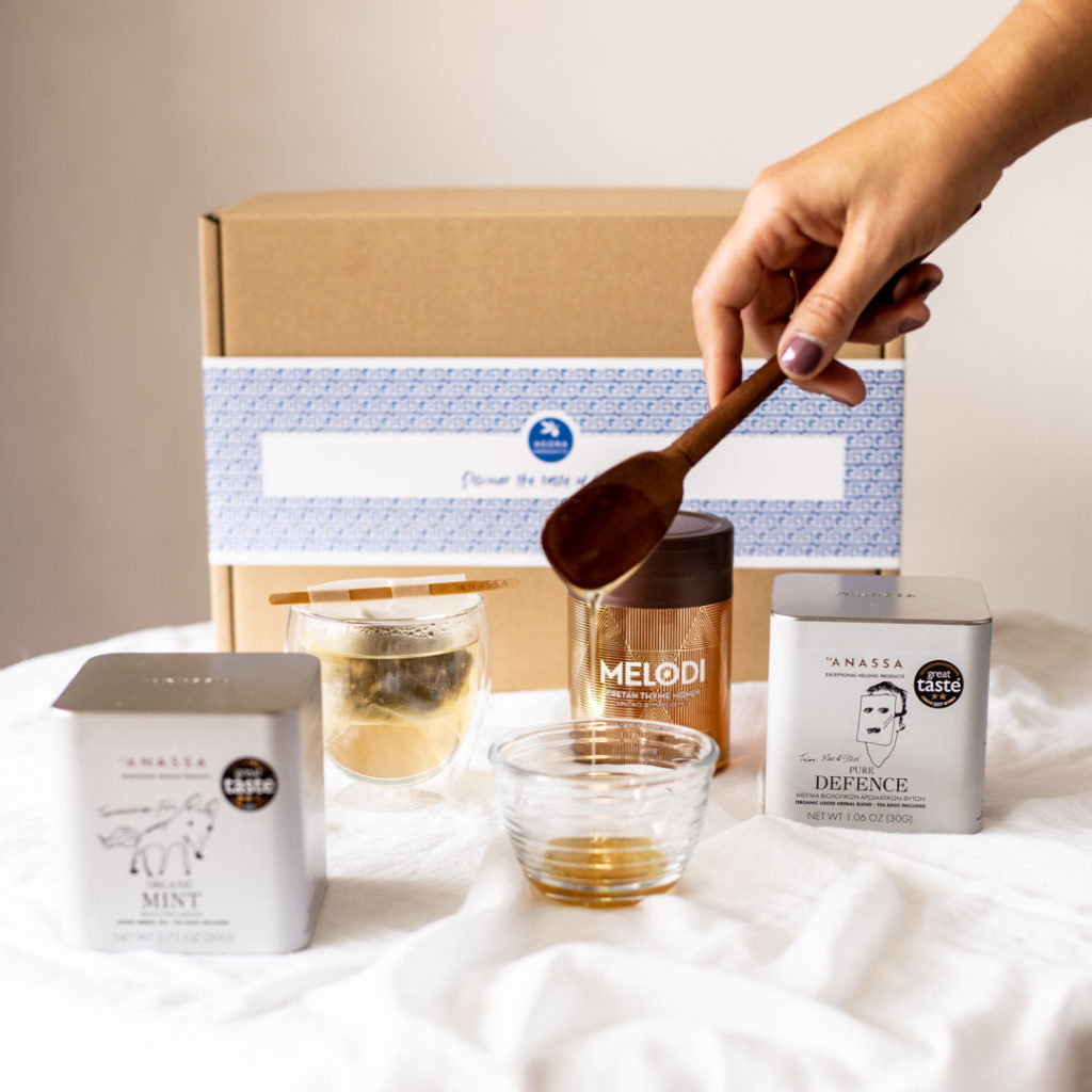 Agora Products Gift Boxes with Anassa Organics teas and Stathakis Family Honey