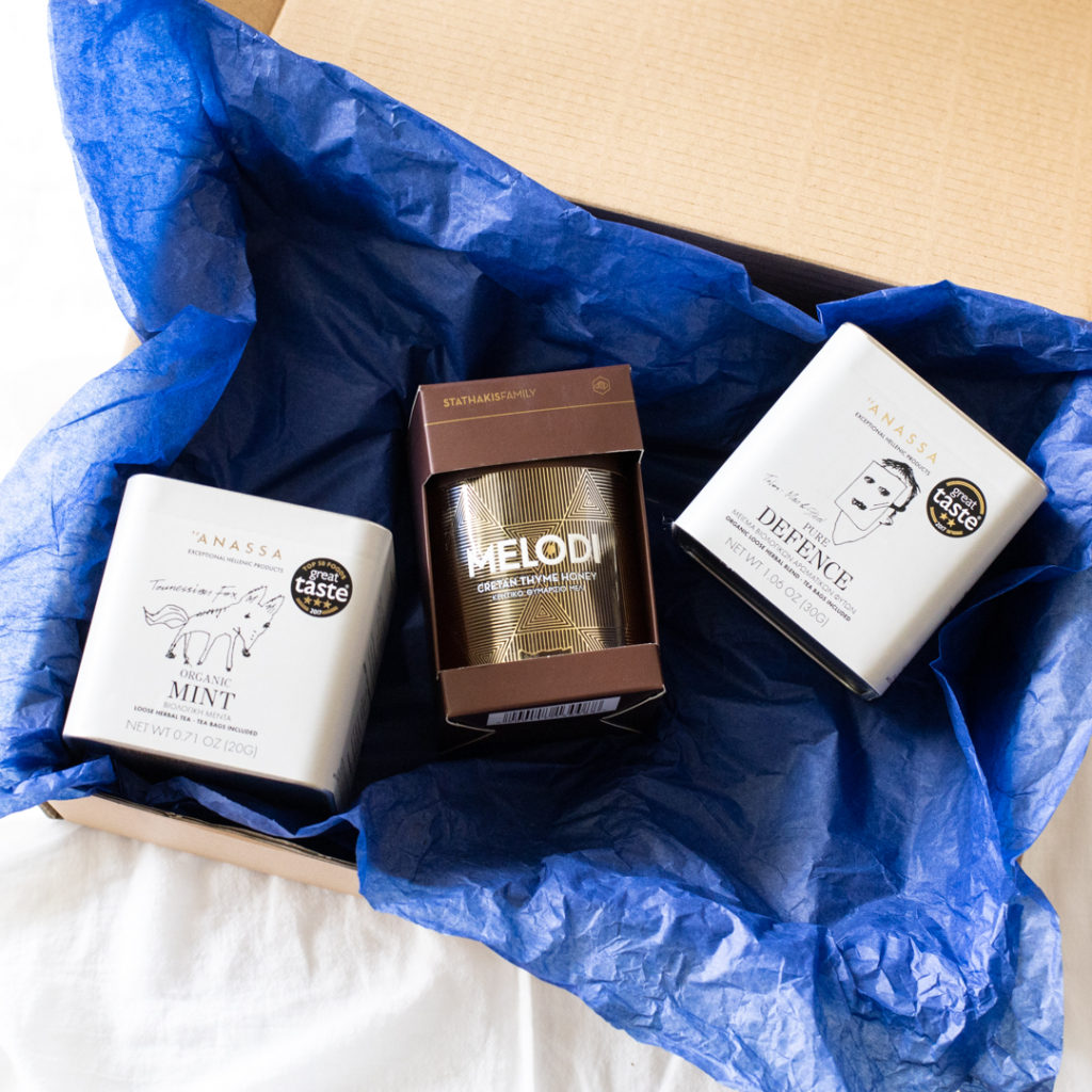 Agora Products Gift Boxes with Anassa Organics teas and Stathakis Family Honey