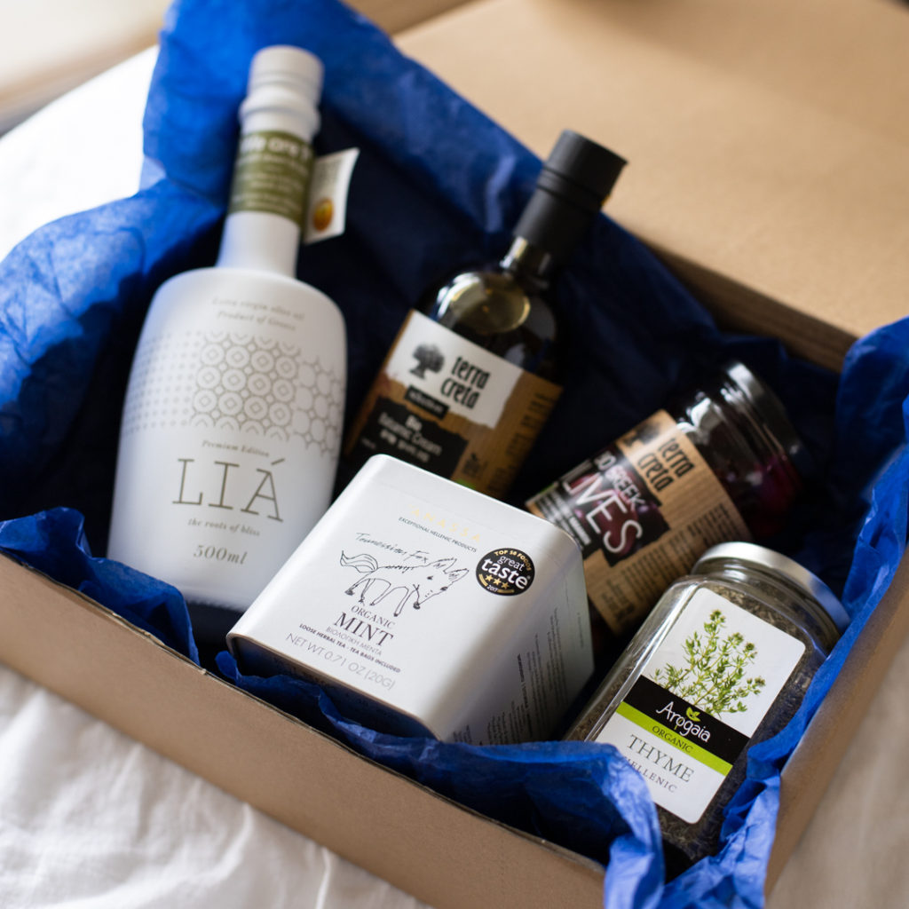 Agora Products Singapore Gift Box with Lia olive oil, Anassa Organics, Terra Creta balsamic and Olives and Arogaia Thyme