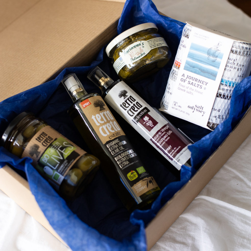 Agora Products Singapore Gift Box with olives, dolmades, salt, EVOO and balsamic