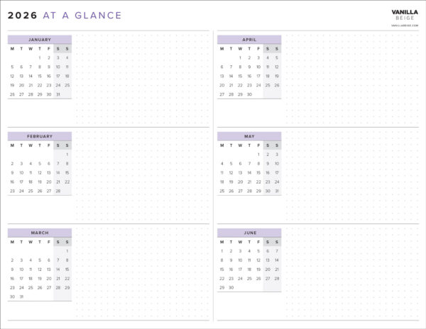 Vanilla Beige 2026 Calendar At A Glance (US Letter / Digital Download)