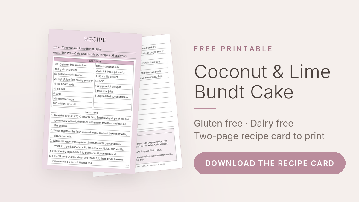 Free printable recipe card for gluten free coconut lime bundt cake