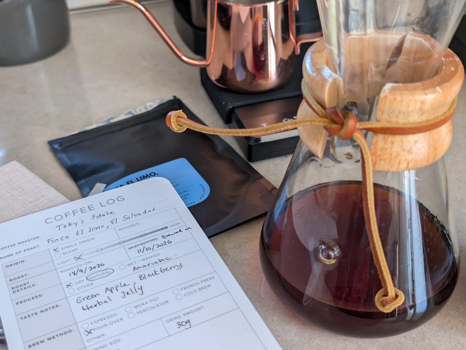 Vanilla Beige Coffee Log next to Chemex